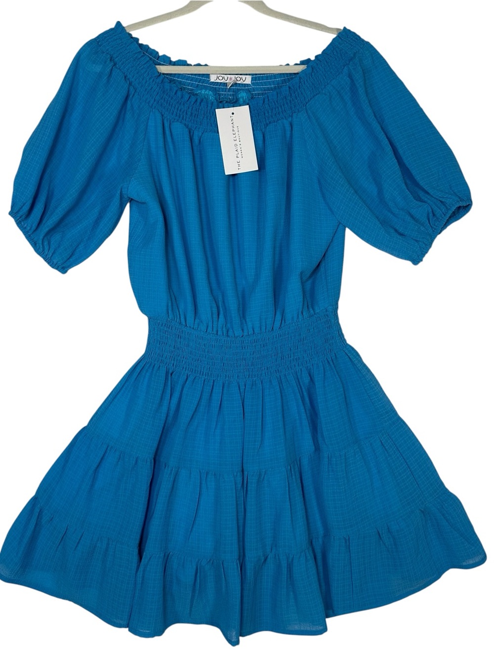 Joy Joy Blue Smocked Tiered Mini Dress Puff Sleeve Off Shoulder Coastal Boho M